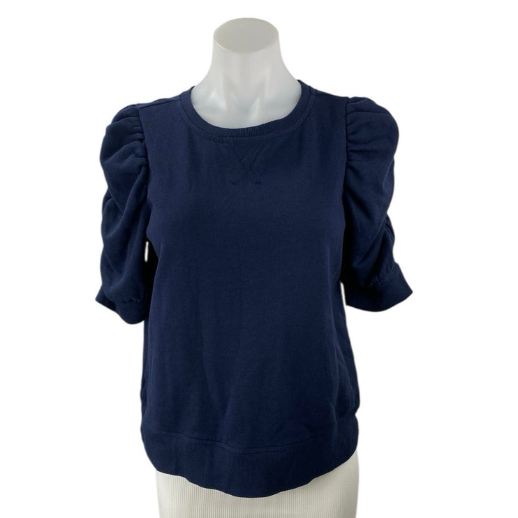 LOFT Women's Blue Crewneck Short Puff Sleeve Knit Sweater Blouse Top Size M