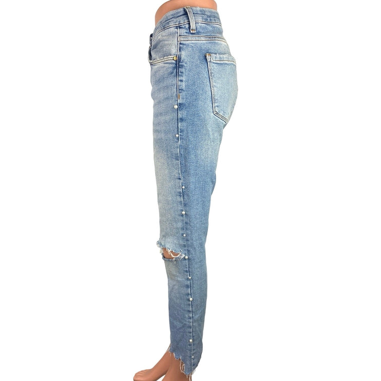 Zara Blue Z1975 Denim Low Rise Light Wash Distressed Straight Leg Jeans Size 8