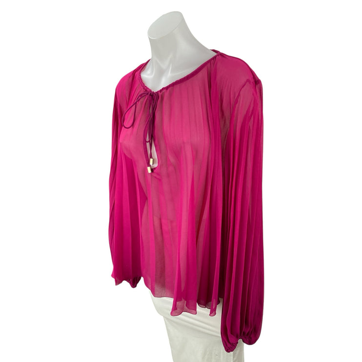Zara Women's Pink Long Sleeve Mesh Sheer Tie Pleated Plisse Blouse Top Size S