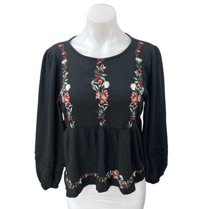American Eagle Black Floral Embroidered Long Sleeve Cutout Peplum Blouse Top M