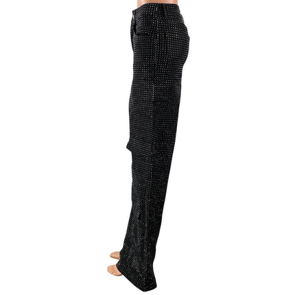Women's Black High Rise Rhinestone Pocket Straight Leg Cargo Denim Jeans Pants S