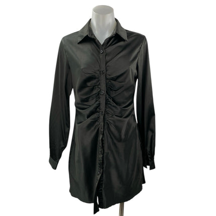 Princess Polly Black Satin Ruched Button Doen Long Sleeve Mini Shirt Dress Sz 6