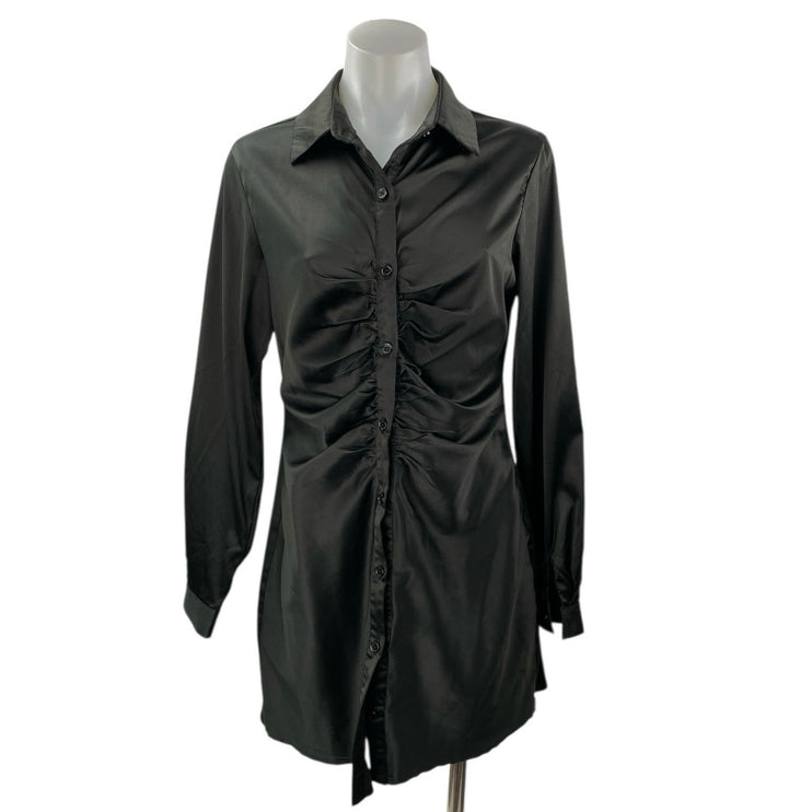 Princess Polly Black Satin Ruched Button Doen Long Sleeve Mini Shirt Dress Sz 6