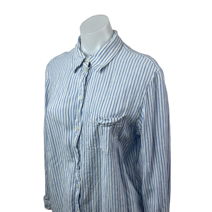 H&M Linen Womens Blue White Striped Collared Long Sleeve Button Down Shirt Top M45