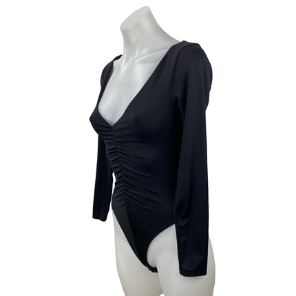 Zara Women's Black Center Ruched Deep V Neck Long Sleeve Slim Bodysuit Top Sz S