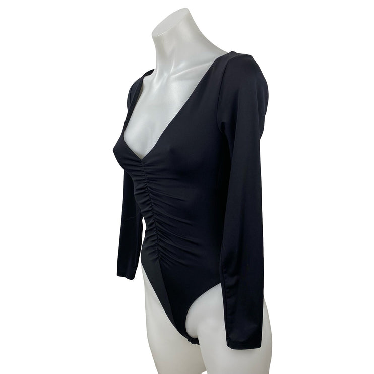 Zara Women's Black Center Ruched Deep V Neck Long Sleeve Slim Bodysuit Top Sz S