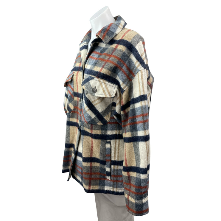 Zara Brown Wool Plaid Check Collared Long Sleeve Button Down Shirt Coat Jacket S