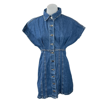 Zara Womens Blue Denim Collared Cap Sleeve Button Down Mini A-Line Shirt Dress M