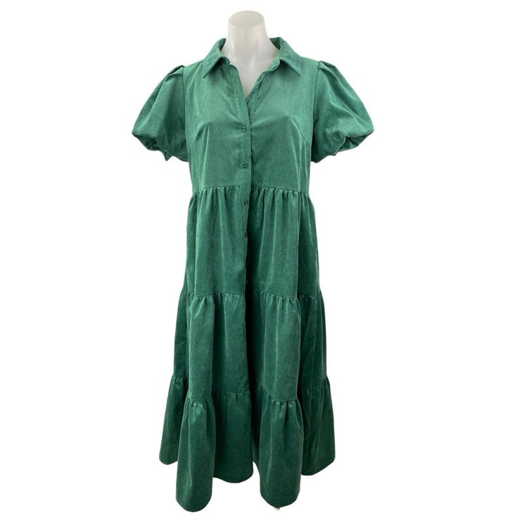Crown & Ivy Women's Green Short Puff Sleeve Button Up Tiered Midi Dress Size M