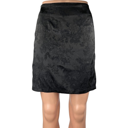 Lyaner Black Floral Silky Satin High Waist Front Slit Mini A-Line Skirt Size L
