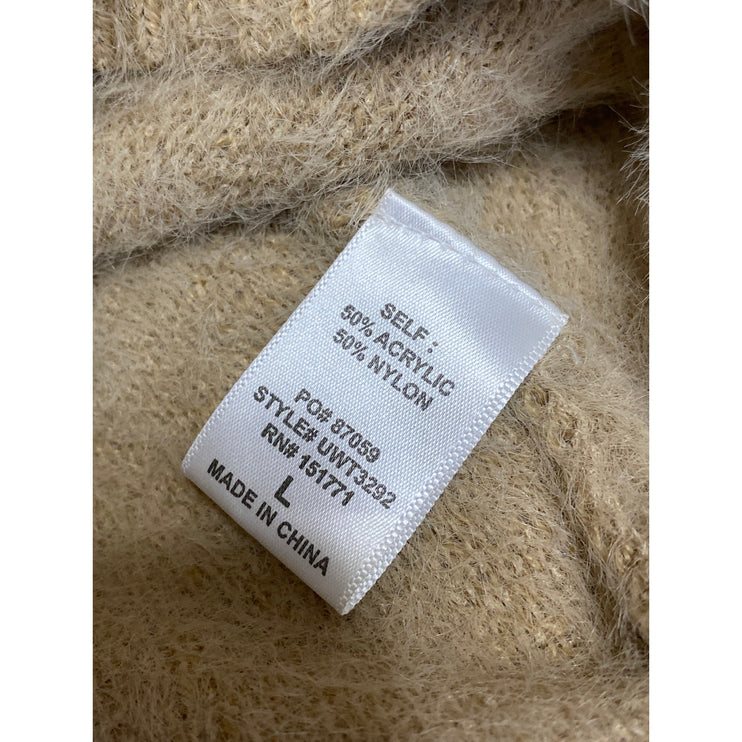 Le Lis Beige Fuzzy Knit Mock Neck Long Sleeve Drawstring Hem Crop Sweater Top L