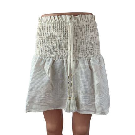 Women's White Smocked Embroidered Beaded Tassle Tie Mini Flare A-Line Skirt 2/4