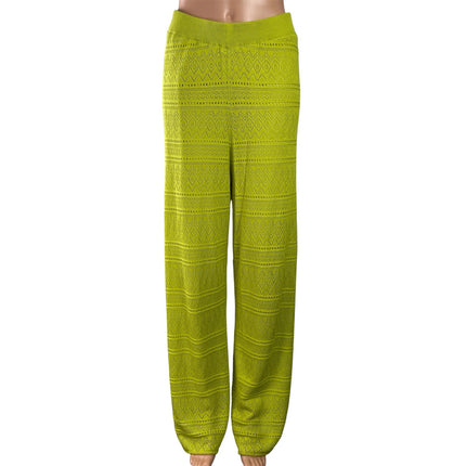 Simorra Green Knitted Eyelet High Waisted Palazzo Wide Leg Trousers Pants Size M