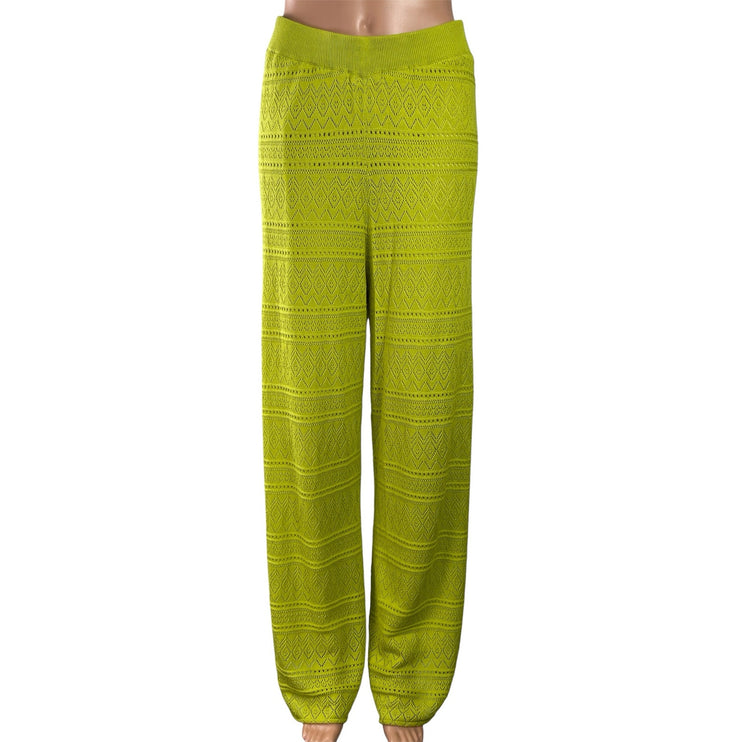 Simorra Green Knitted Eyelet High Waisted Palazzo Wide Leg Trousers Pants Size M