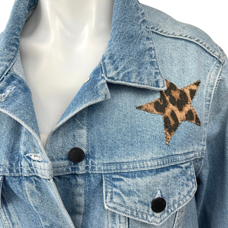 NEW Unemployed Denim Blue Star Leopard Patches Button Collar Jean Coat Jacket M
