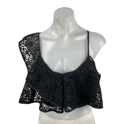 Topshop Women's Black Floral Crochet Lace Ruffle Asymmetrical Crop Tank Top Sz 2