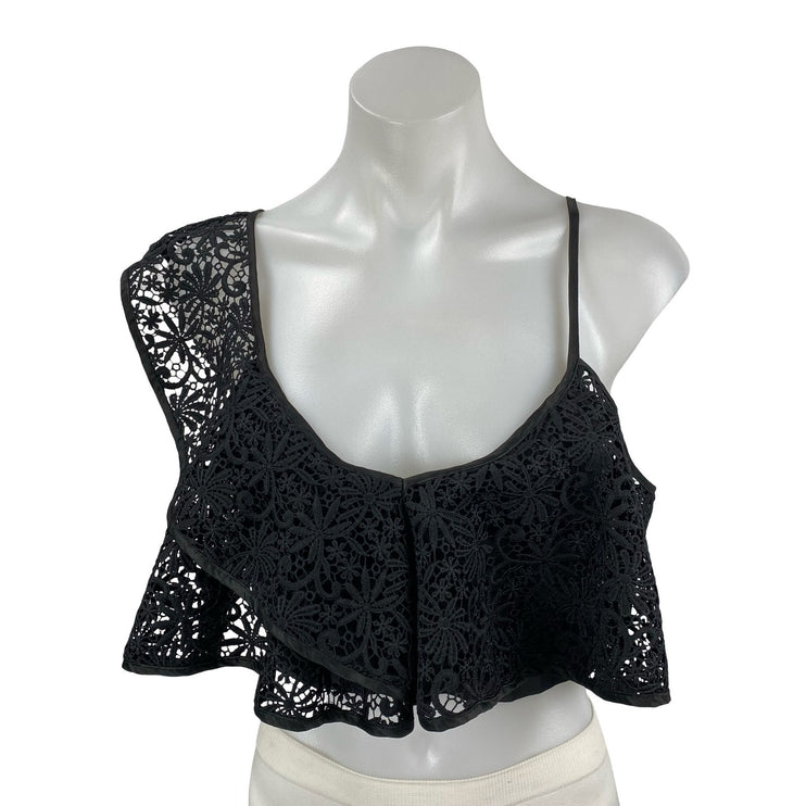 Topshop Women's Black Floral Crochet Lace Ruffle Asymmetrical Crop Tank Top Sz 2