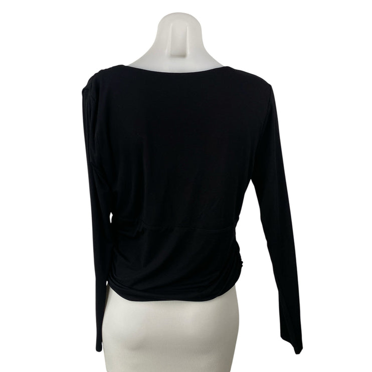 NEW Ann Taylor Women's Black Ruched Wrap Front V Neck Long Sleeve Blouse Top L