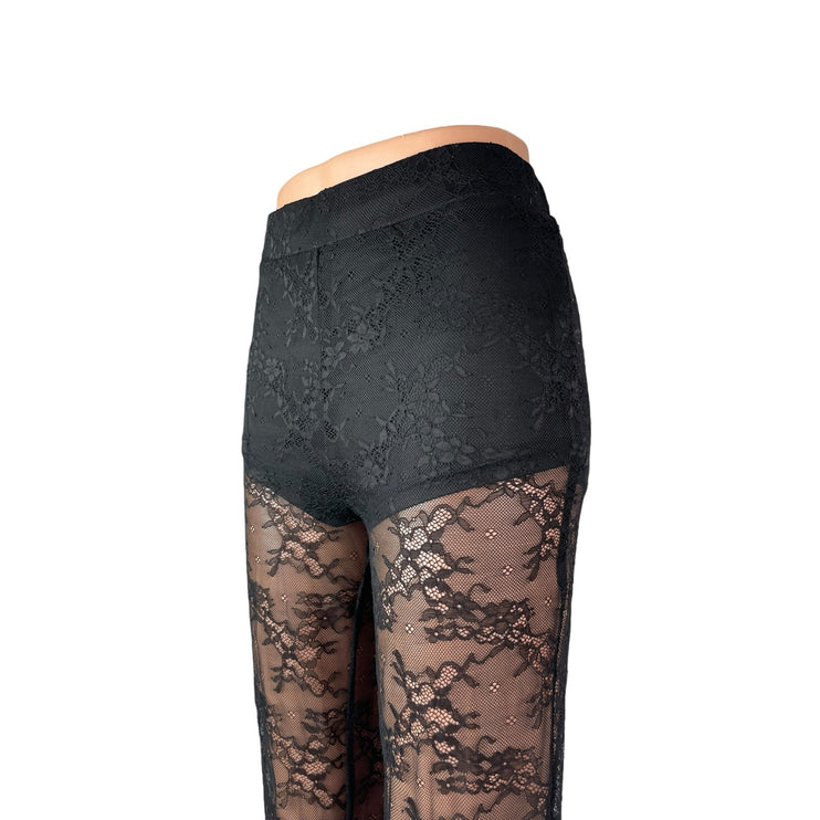12Th Tribe Women's Black Mesh Sheer Floral Lace Flared Trousers Pants Size XS