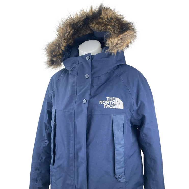 The North Face New Outer Boroughs Blue Faux Fur Hooded Parka Coat Jacket Size M