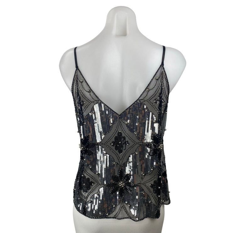 Women's Black Sequin Sparkly Sleeveless V Neck Cami Camisole Tank Top Size M/L
