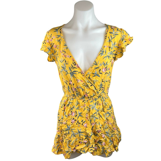 American Eagle Outfitters Yellow Floral Faux Wrap Ruffle Jumpsuit Romp – Brie