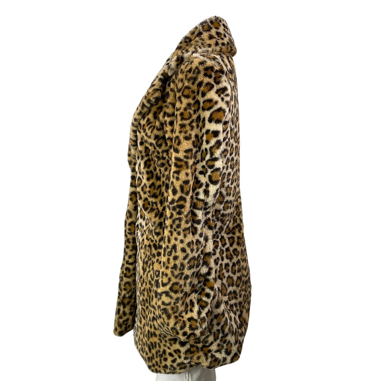Aakaa Women's Brown Black Long Sleeves Leopard Print Faux Fur Coat Jacket Size M