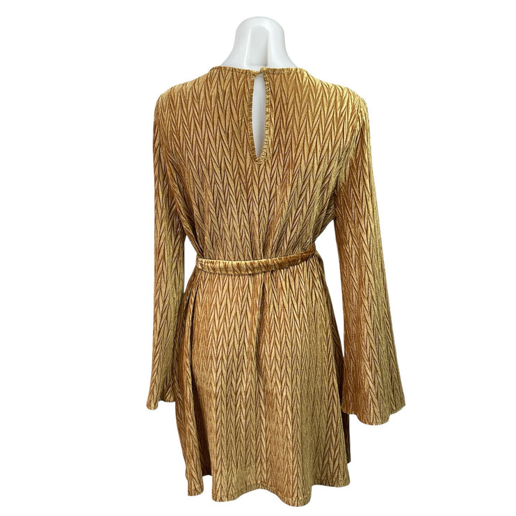 NEW Dress Forum Gold Velvet Velour Chevron Long Sleeve Tie A Line Mini Dress M