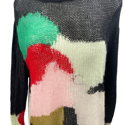 NEW Commense Women's Black Multicolor Colorblock Long Sleeve Knit Sweater Top M