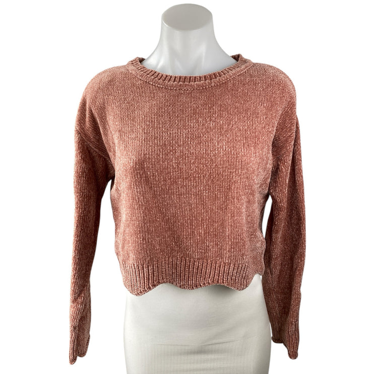 Aqua Women's Pink Tan Chenille Knit Crewneck Long Sleeve Crop Sweater Top Size S