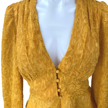 French Connection Brenna Yellow Long Puff Sleeve V-Neck Peplum Blouse Top Size 8