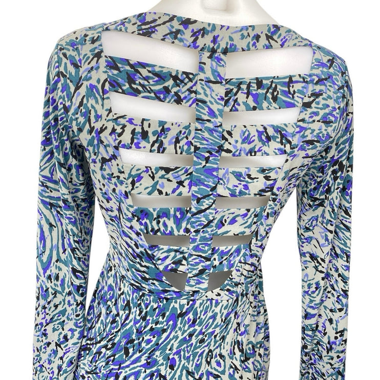 BCBGeneration Blue Abstract Long Sleeve Faux Wrap Mini Sheath Dress Size XS