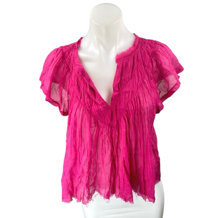 Free People Padma Pink Raw Hem Short Flutter Sleeve V-Neck Sheer Blouse Top Sz S