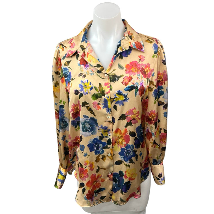 Zara Yellow Multi Floral Silk Satin Long Sleeve Button Down Shirt Top Size M