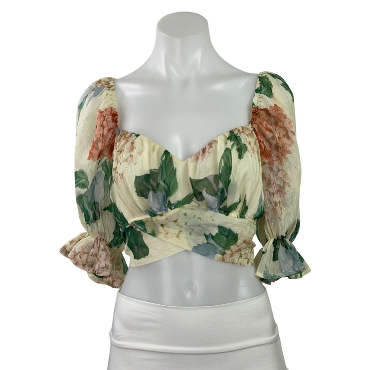 A.Peach Multicolor Floral Metallic Half Puff Sleeve Tie Blouse Crop Top Size S