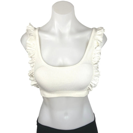 ZARA White Ruffle Frill Scoop Neck Ribbed Knit Stretch Cropped Tank Top Sz XS/S