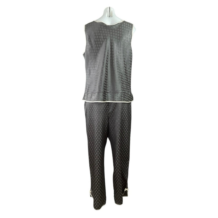 Robert Louis Gray Black Silk Satin Floral Bow Sleeveless Sleepwear Pajamas Set L