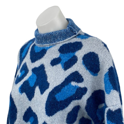 Zara Women's Blue Wool Leopard Animal Print Mock Neck Knit Sweater Top Size S