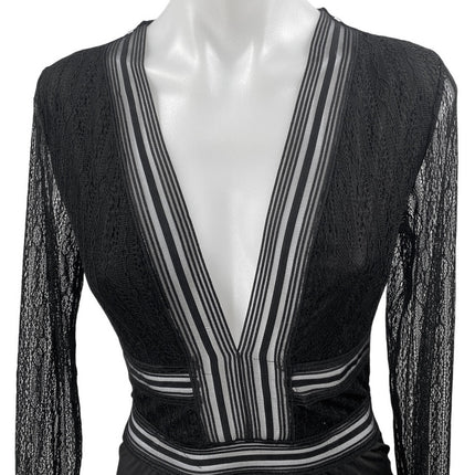 Lulus Casita Black Sheer Lace Long Sleeve Plunge V-neck Bodysuit Blouse Top Sz M