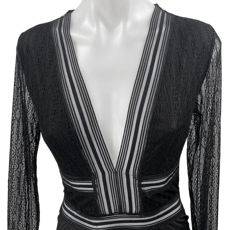 Lulus Casita Black Sheer Lace Long Sleeve Plunge V-neck Bodysuit Blouse Top Sz M
