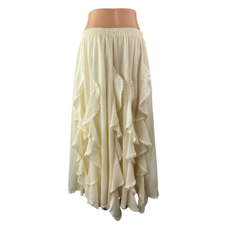 Commense Women's Cream White Ruffles Elastic waist Midi Flared A-Line Skirt XL