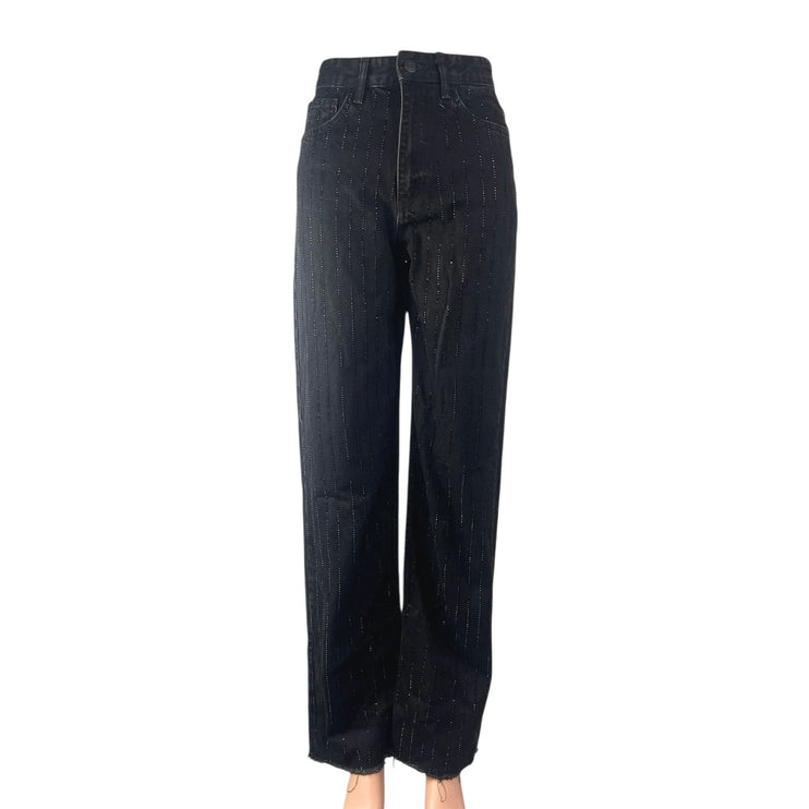 Zara Women's Black Beaded Rhinestone High Waist Wide Leg Denim Mom Jeans Size 2