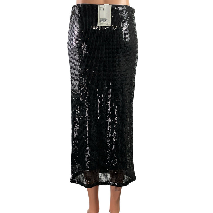 NEW H&M Women's Black Sequin Embellished Mid Rise Midi Straight Pencil Slirt S