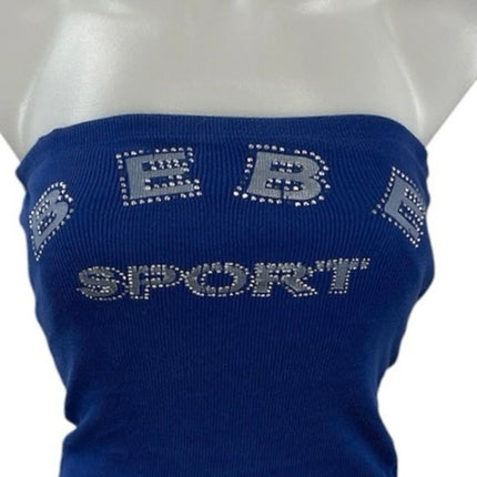 Bebe Sport Rhinestone Logo Blue Ribbed Strapless Y2K Bodycon Tube Bandeau Top S