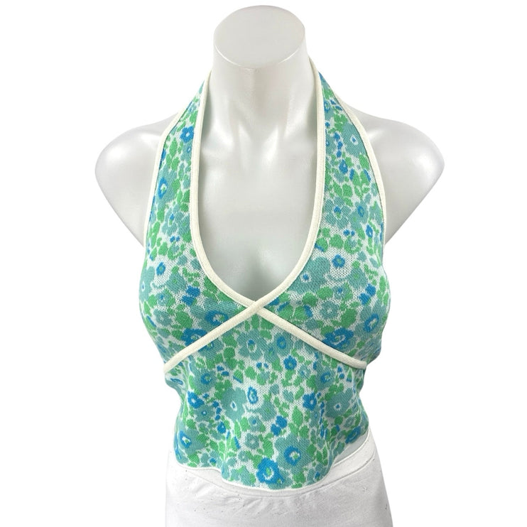 Zara Blue Green Floral Halter Sleeveless Scoop Neck Open Back Crop Top Size S
