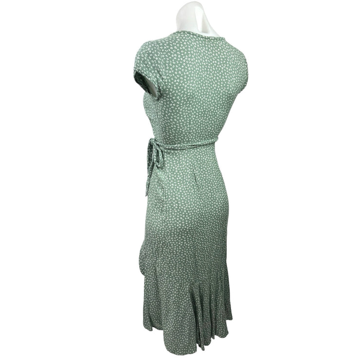 Abercrombie & Fitch Green Floral Ruffle Asymmetric V-neck Midi Wrap Dress Sz 2XS