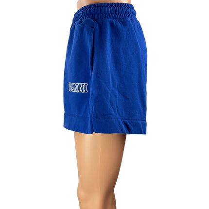 Ganni Women's Blue High Rise Drawstring Fleece Lounge Wide Sweat Shorts Size S
