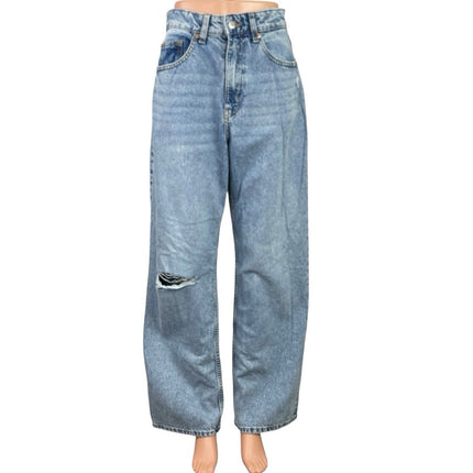 H&M Women Blue Light Wash High Rise Distressed Baggy Wide Leg Denim Jeans Size 6