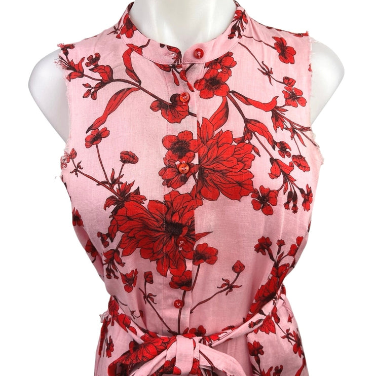 Zara Pink Red Linen Floral Sleeveless Button Down Tie Waist Fit & Flare Dress XS