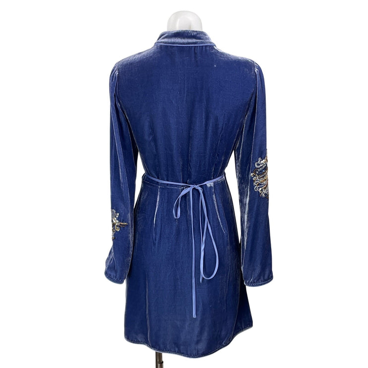Rixo Gena Blue Velvet Velour Sequin Mandarin Collar Tie Wrap Mini Dress Size SP